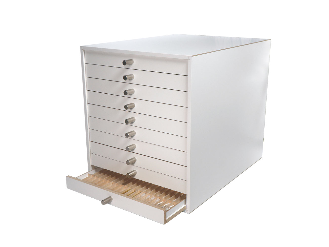 Testsatzschrank mit 10 Laden in weiß aus Holzwerkstoff von Faller kreativ